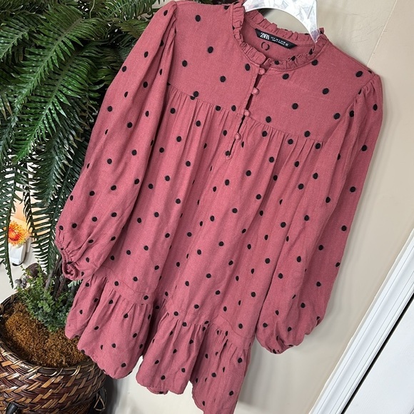 ZARA Mauve Polka Dot Long Balloon Sleeve Ruffle Smock Mini Dress Drop Waist - Picture 6 of 14